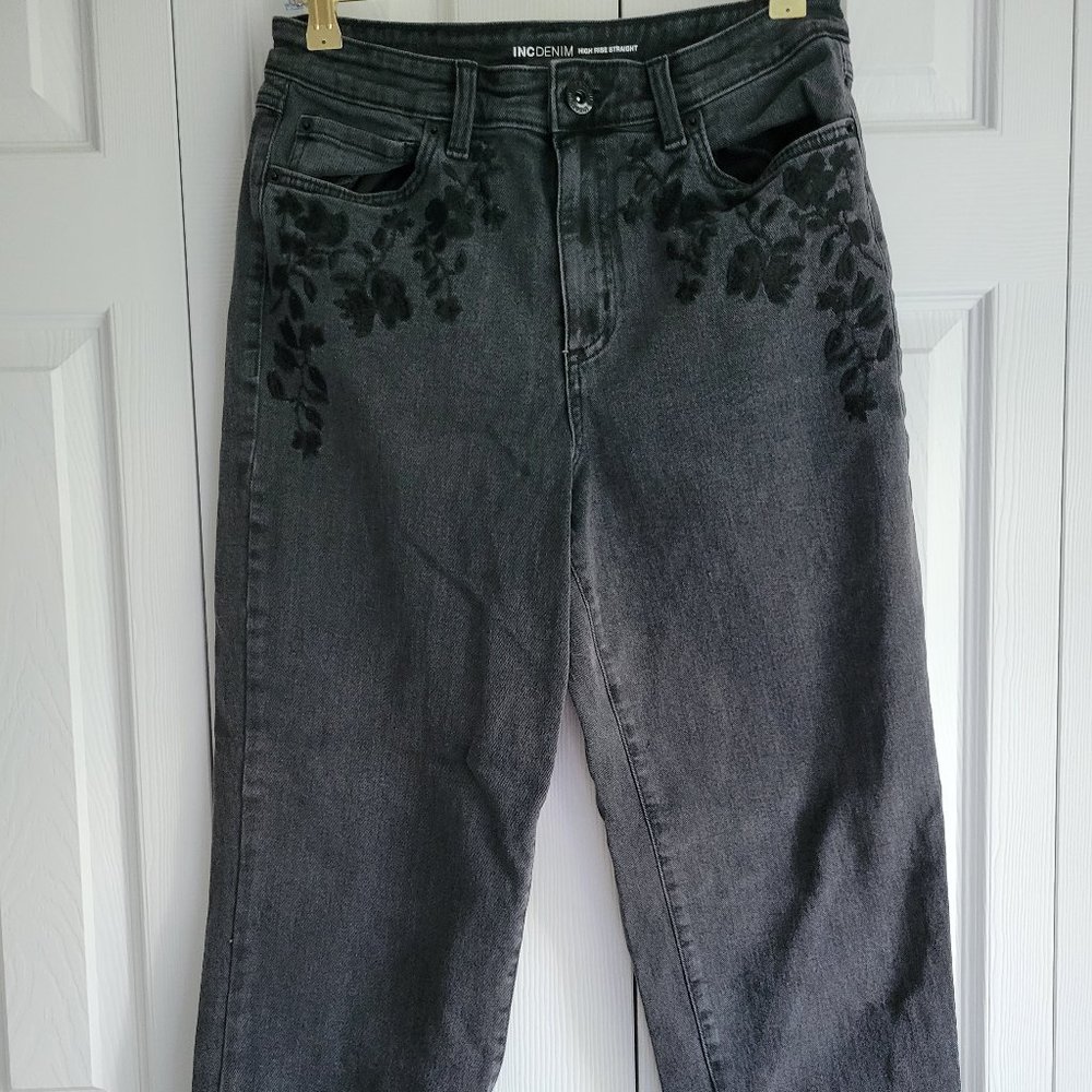 INC Denim Floral embroider black jeans